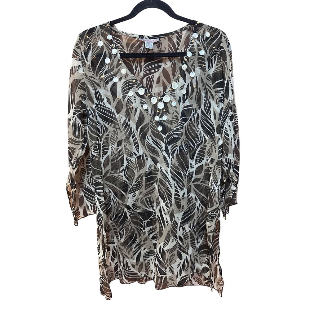 Peppermint Bay Sheer Leaf Print Beach Cover Up Tunic Brown White Shell Bead S‎